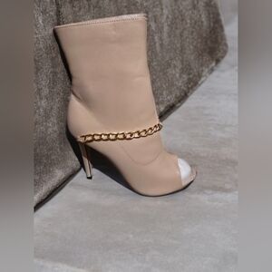 Beige Peep Toe High Heels Ankle Bootie with Gold Chain